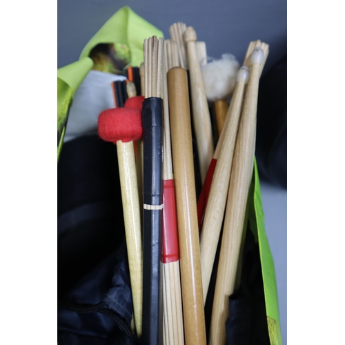 653 - A Ten Piece Drum Set (Various Brands), With a Selection of Drum Sticks and Other Percussion Instrume... 