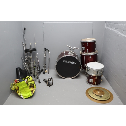 653 - A Ten Piece Drum Set (Various Brands), With a Selection of Drum Sticks and Other Percussion Instrume... 