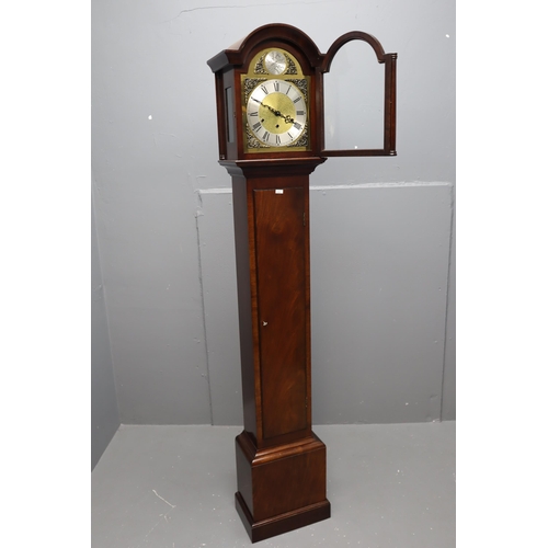 655 - Reproduction Tempus Fugit long case clock in a mahogany case stands 70