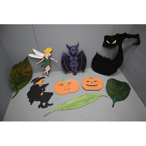 674 - Selection of Mixed Painted Halloween Decorations - One Witch, One Cauldron, Two Pumkins, One Bat, Ti... 