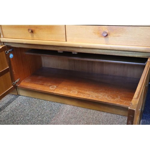 680 - Mid Century Teak Nathan Display Wall Unit with Four Drawers over a Two Door Cupboard Storage Topped ... 