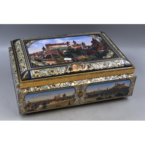 685 - A German Ornate Lebkuchen Schmidt Biscuit Tin Depicting Various German Landscapes, Approx 16.5