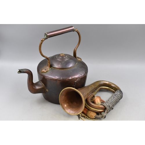 688 - Two Pieces of Vintage Copperware To Include Vintage Kettle (Stamped To Base), And Bugle. Kettle is A... 