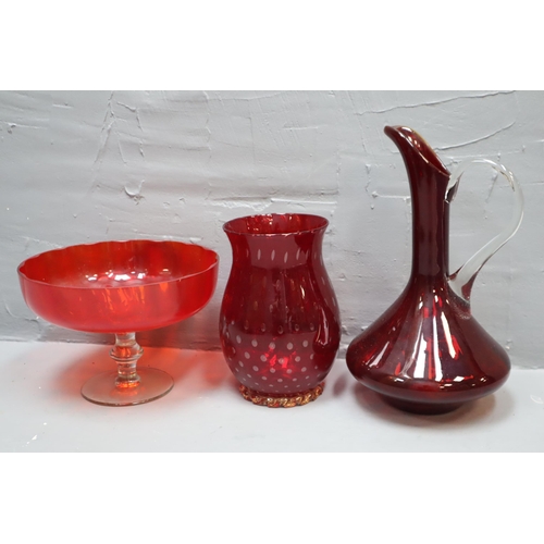 689 - Three Pieces of Ruby Glass including Pitcher, Vase and Bowl (Largest 13