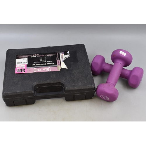 692 - Fitness Dumbell Set in plastic Storage Case (1 missing) plus Two 2kg Dumbells