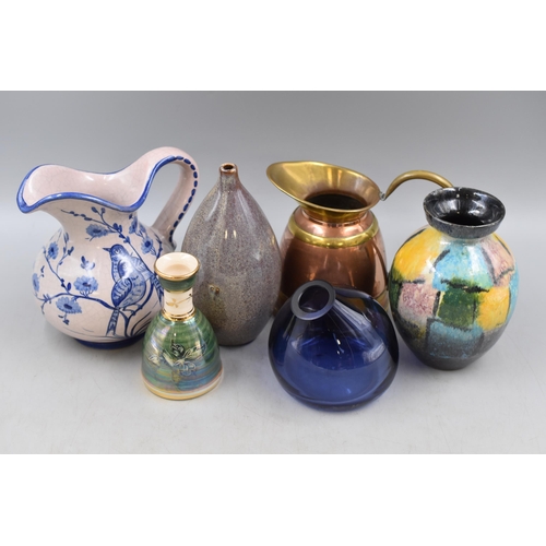 A Selection of Jugs and Vases To Include Copper and Brassware Jug, Ubeda Ceramic Jug, Studio Pottery Vase and More