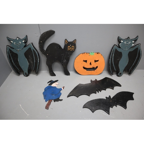 700 - Selection of Painted Halloween Decorations - Four Bats, One Pumkin, One Witch and a Cat 21