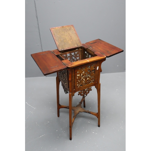 713 - Antique Wooden Side Table with Fret Work Decoration and Internal Storage and Drop Leaf Top (28