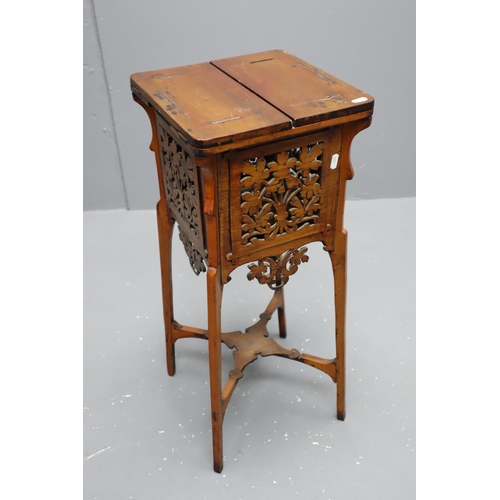 713 - Antique Wooden Side Table with Fret Work Decoration and Internal Storage and Drop Leaf Top (28