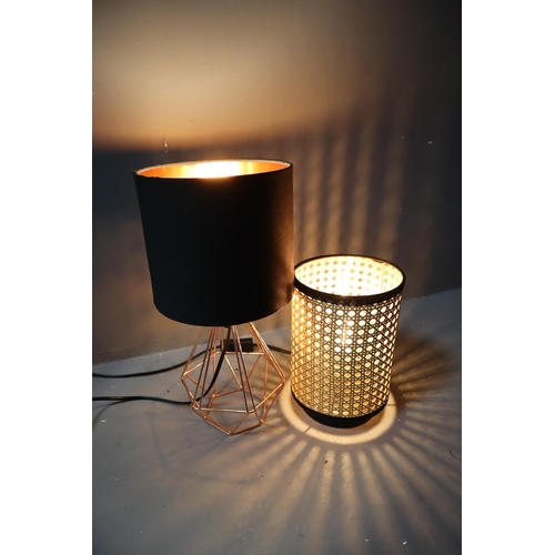 829 - Two Modern Table Lamps To Include Copper Framed Industrial Style Lamp, And Rattan Style Lamp. Both L... 