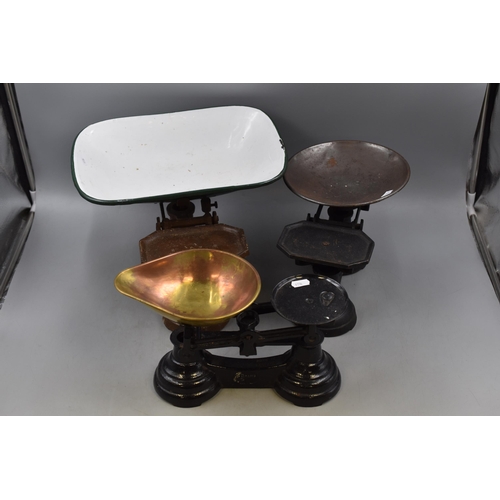 843 - Three Sets of Vintage Scales with Enemelled and Brass Trays