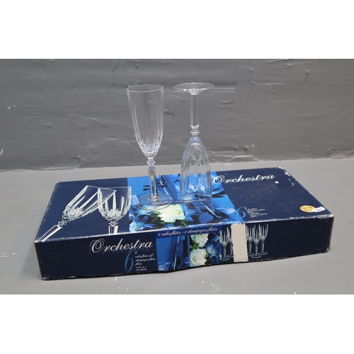 847 - Three Boxed Sets of Drinking Glasses, includes Orchestra Crystal Champagne Flute and Wine Glasses, T... 