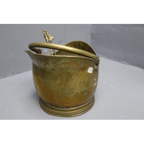 870 - Vintage Brass Helmet Coal Scuttle with Two Pokers