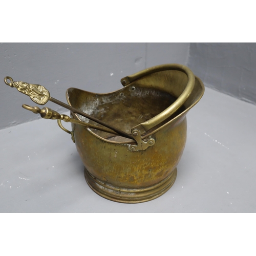 870 - Vintage Brass Helmet Coal Scuttle with Two Pokers