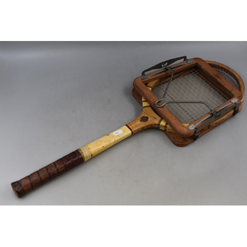 768 - Vintage Wooden Tennis Racket in Dunlop Clamp