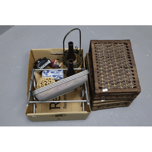 884 - Mixed Selection to include Two Hinged Rattan Baskets, Letter Trays, Lustre Ware and more