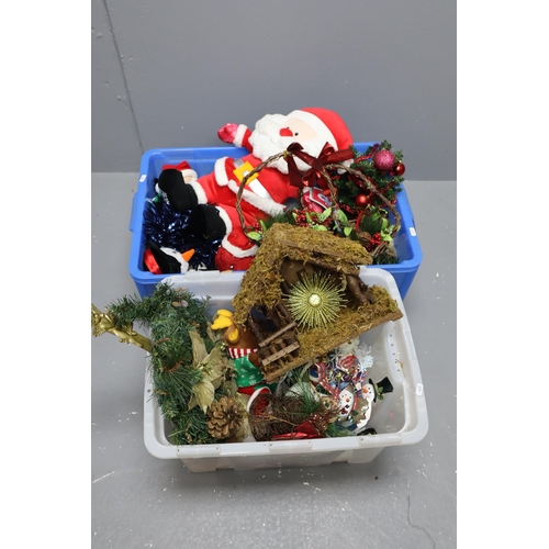 886 - Two Boxes of Various Christmas Decorations, includes Garland, Miniature Tree, Tinsel, Decorative Bas... 