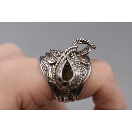 4 - Large Chunky Silver 925 Ring Cowboy Themed Ring (Missing Stones) 22.94g