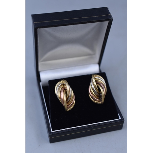 11 - Pair of Gold 375 (9ct) Three Tone Earrings (with 375 backs). Complete with Presentation Box