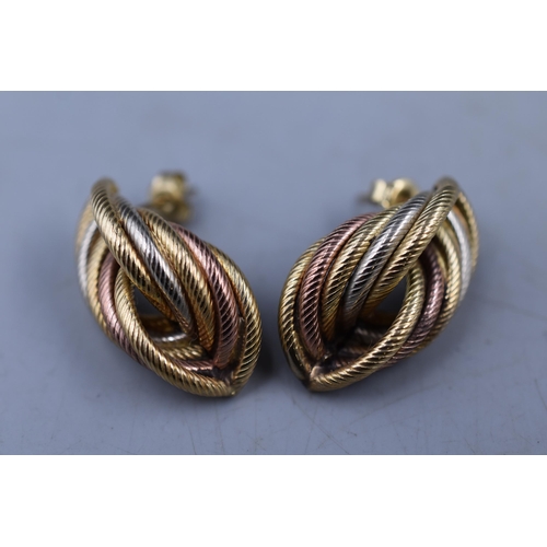 11 - Pair of Gold 375 (9ct) Three Tone Earrings (with 375 backs). Complete with Presentation Box