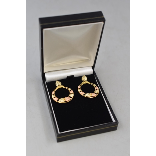 14 - Pair of Three Tone Gold Marked 375 (10ct) Hoop Earrings with Grape Design. Complete with Presentatio... 