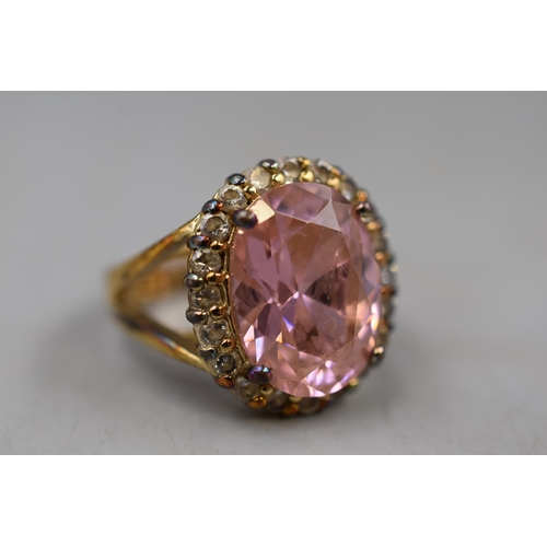 20 - Gold on Silver 925 Chunky Pink Stone Ring in Box (Size N)