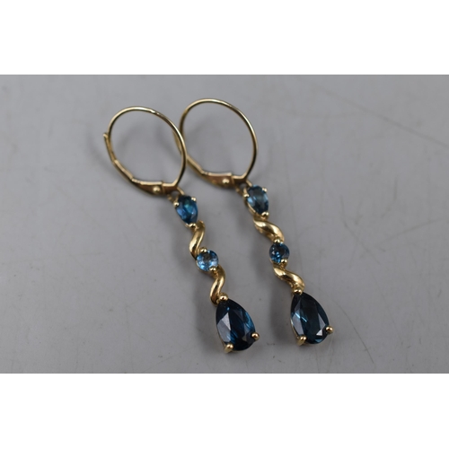 50 - Pair of 9ct Gold Drop Earrings with Teal Sapphire Coloured Stone. Complete with Presentation Box