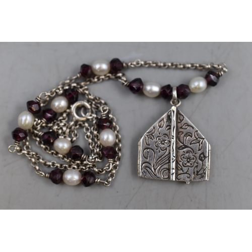 53 - Vintage Silver 925 Locket with Etched Picture Frame Window Design, on Garnet and Pearl Stone Chain. ... 