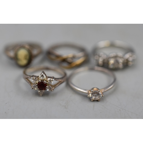 61 - Mixed Selection of Vintage Silver Rings to include Cameo and Ruby Coloured Stone Ring