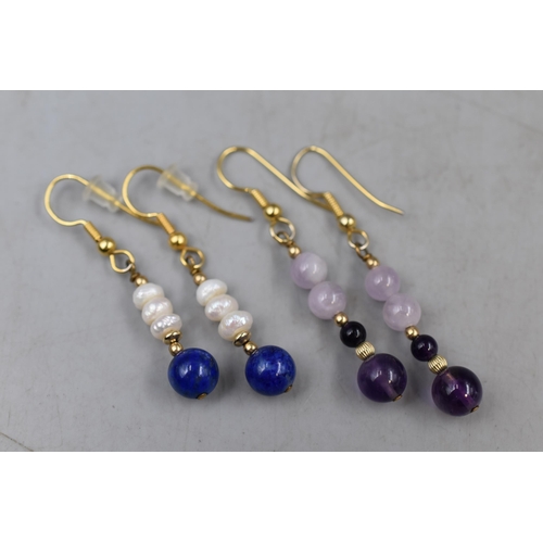 67 - Two Pairs of Drop Earrings, Purple Stone and Blue Stone (unmarked)