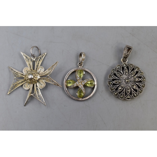 70 - Three Vintage Silver 925 Pendants to include Two Marcasite Pendants and Filigree Pendant