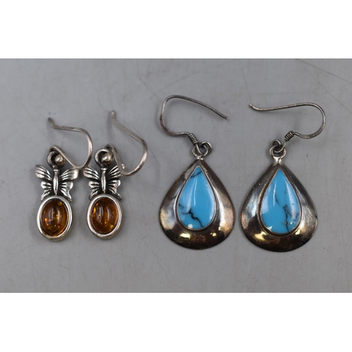 71 - Two Pairs of Vintage Silver 925 Earrings to include Amber Style Butterfly Drop Earrings and Turquois... 