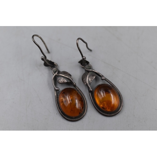 73 - Pair Vintage Silver Amber Stoned Drop Earrings