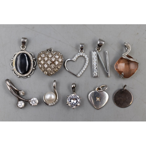 80 - Ten Silver Charms and Pendants Includes 'N', Lovehearts and More