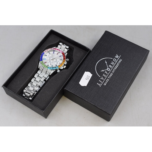 97 - A Bejewelled Livefornow Gents Quartz Chronograph Style Watch, In Box