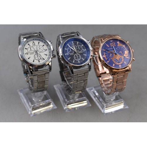 99 - A Selection of Three Quartz Chronograph Style Watches On Stands. Includes Fulaida, and Modiya