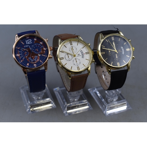 106 - Three Quartz Chronograph Style Watches on Stands. Includes Deyros and Shaarms