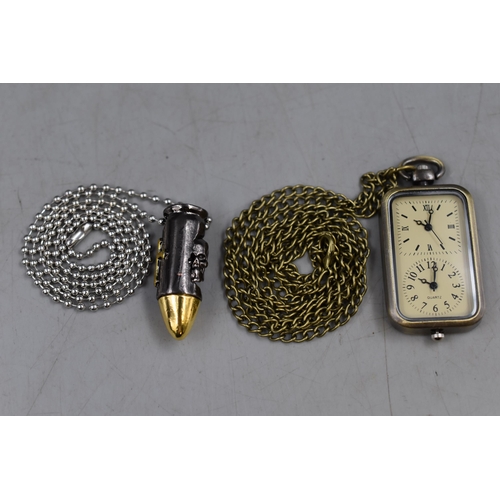 132 - A Military Style Bullet Pendant, With Military Style Watch Pendant. Both On Chains