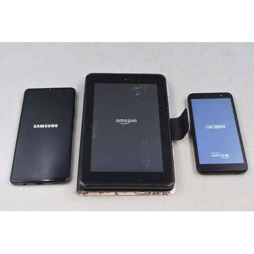 147 - Mixed Lot to include Amazon Kindle with Case, Alcatel Mobile and a Samsung A42 (Screen Non Responsiv... 