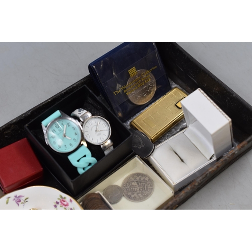 151 - Tray Containing a Mixed Selection of items. Includes Ronson Lighter, Watches, Coins, Guinniess Bottl... 