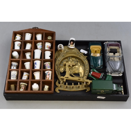 152 - A Selection of Collectables To Include Thimbles on Display Stand, Brassware and Die Cast Cars (Lledo... 