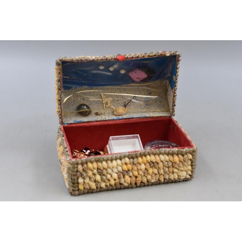 153 - Handmade Shell Jewellery Box with Contents and Fish Decoration inside Lid (6.5” x 4” x 3... 