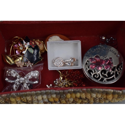 153 - Handmade Shell Jewellery Box with Contents and Fish Decoration inside Lid (6.5” x 4” x 3... 