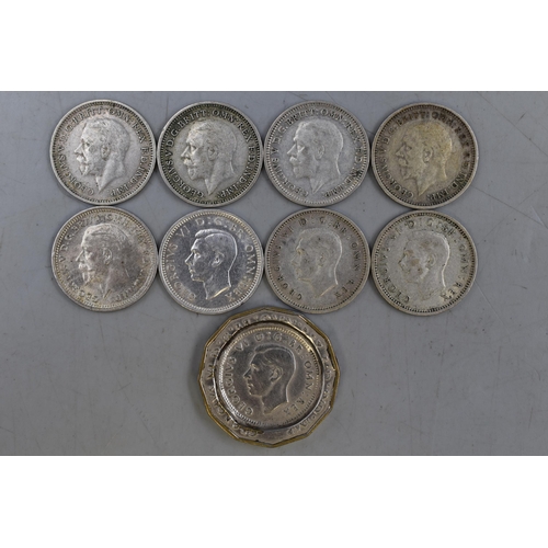 159 - Nine Silver Three Pence Coins (1935, 1936 1937 and 1939)