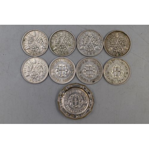 159 - Nine Silver Three Pence Coins (1935, 1936 1937 and 1939)