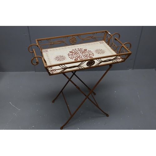 598 - A Victorian Wrought Iron Folding Tile Topped Garden Table, Approx 16