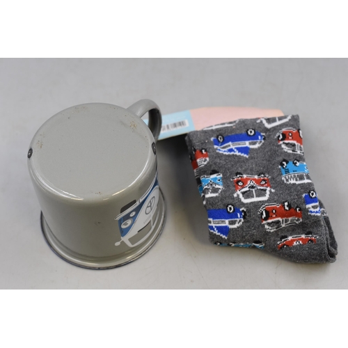 204 - An Enamelled VW Campervan Mug, With VW Campervan Socks