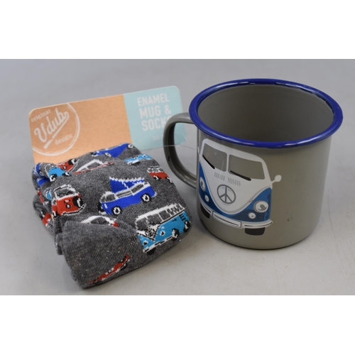 204 - An Enamelled VW Campervan Mug, With VW Campervan Socks