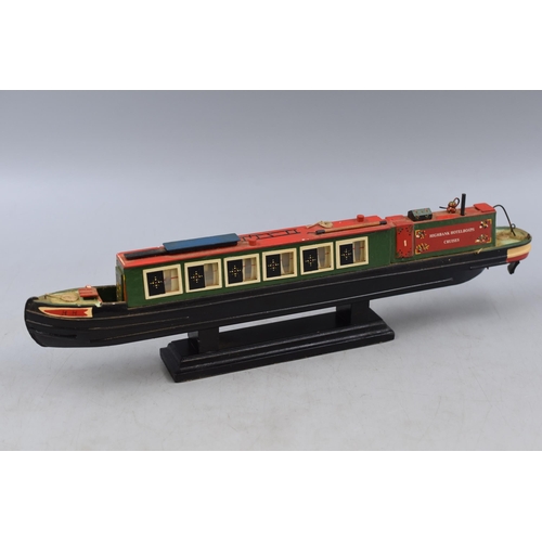 214 - Hand Made Wooden, Detailed Canal Boat Depicting ' Highbank Hotelboats Cruises' approx 15