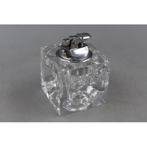 218 - A Retro Clear Glass Cube Table Lighter, Approx 4